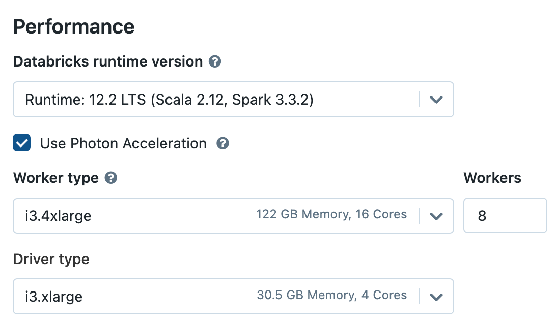 Databricks compute configuration screen showing Photon acceleration enabled